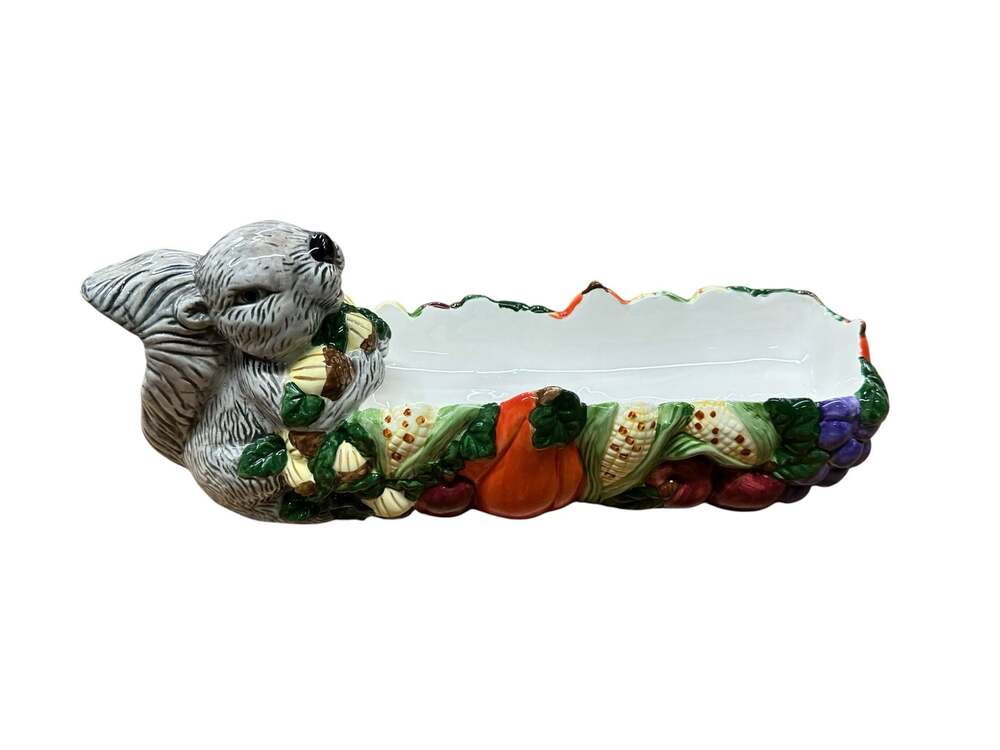 Vintage Ceramic Squirrel Cracker Tray with Autumn Harvest Fruits and Nuts